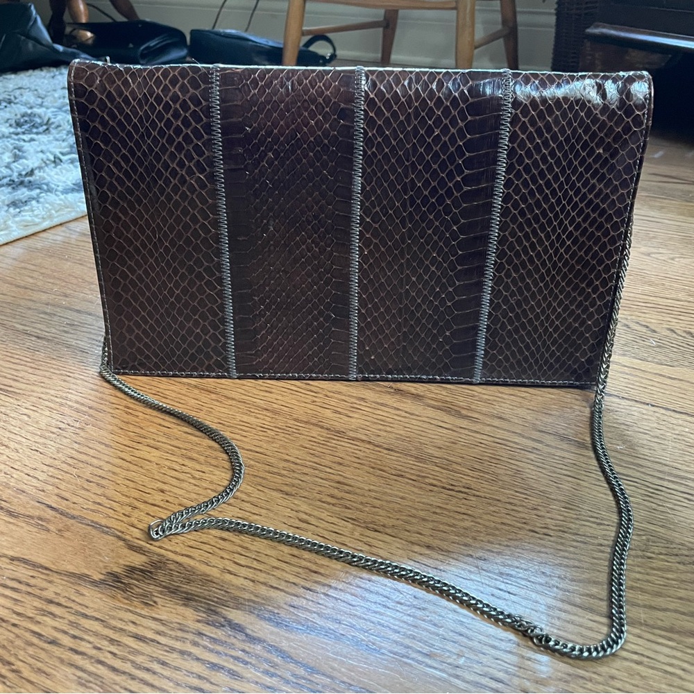 Vintage Brown Snakeskin Clutch with Chain Strap